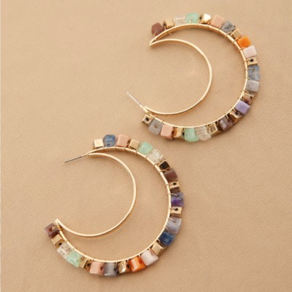 CUBE BEADED DOUBLE HOOP MOON EARRINGS